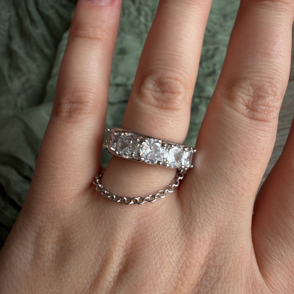 Silver Ring CZ with small chain, size 6